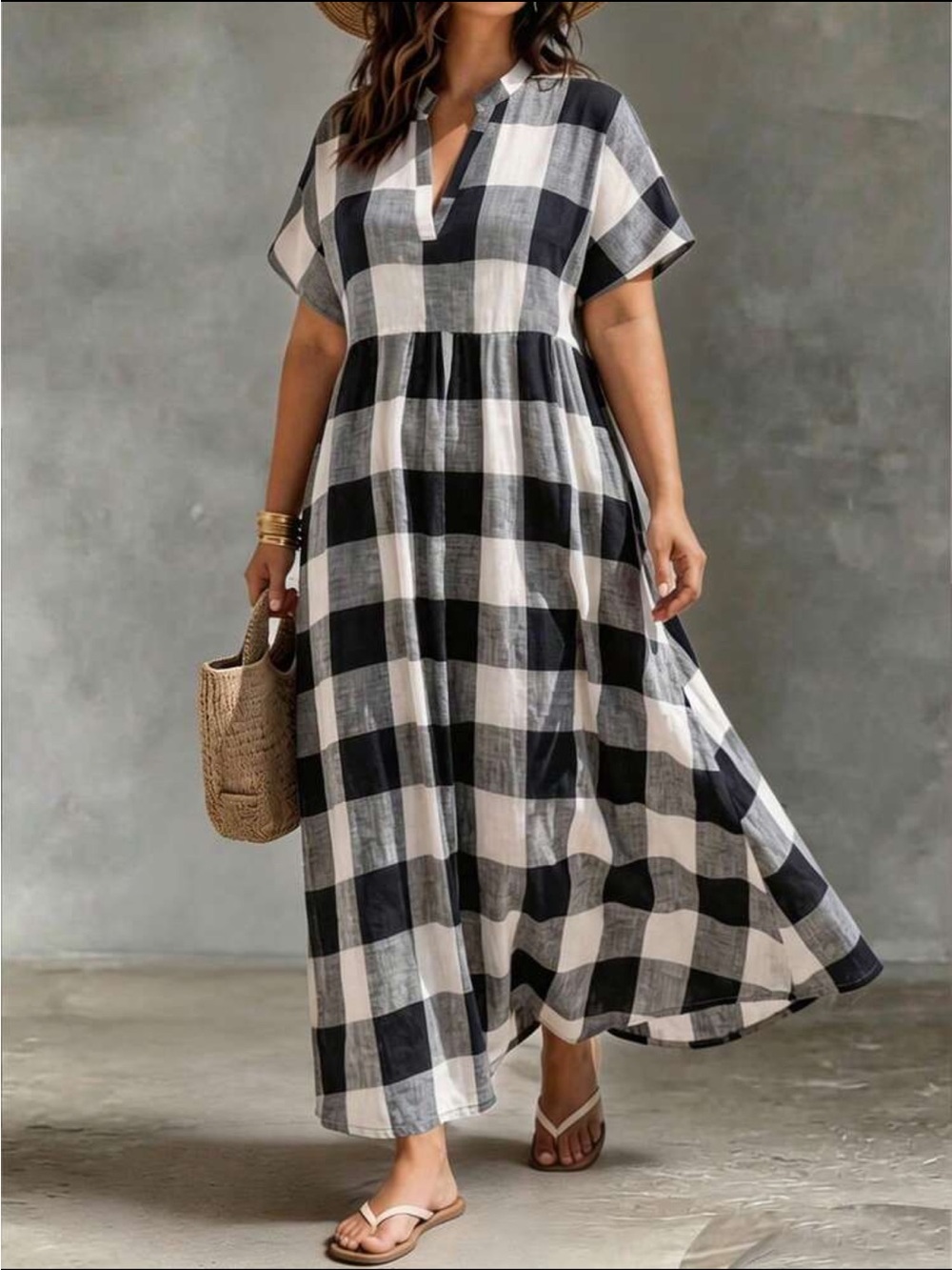 Classic Plus Size Black & White Check V-Neck Maxi Dress